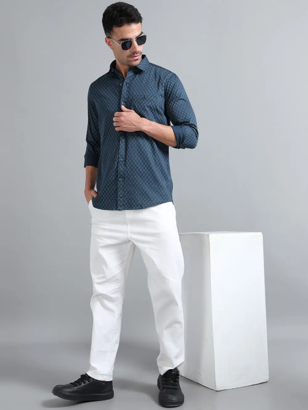 Navy Blue Geometric Printed Shirt